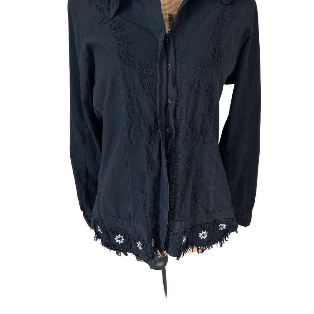 Caamano Women’s Size M Black Distressed Embroidered Peruvian Cotton Boho Top - Picture 10 of 15
